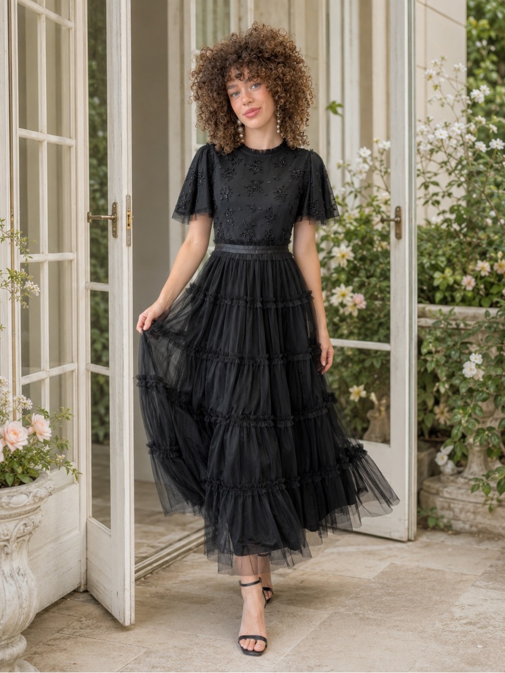 NWT Ivy City Co Anastasia Dress Black Beaded Tulle Midi XS
